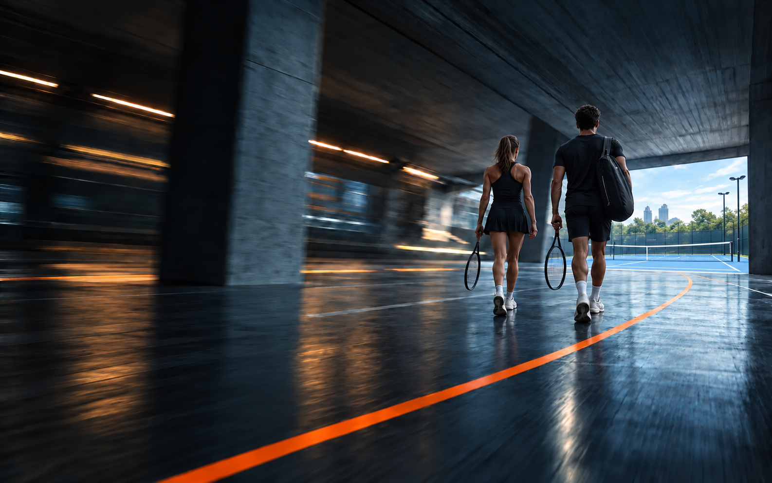 Two tennis partners walking toward a court, following an orange line into the daylight