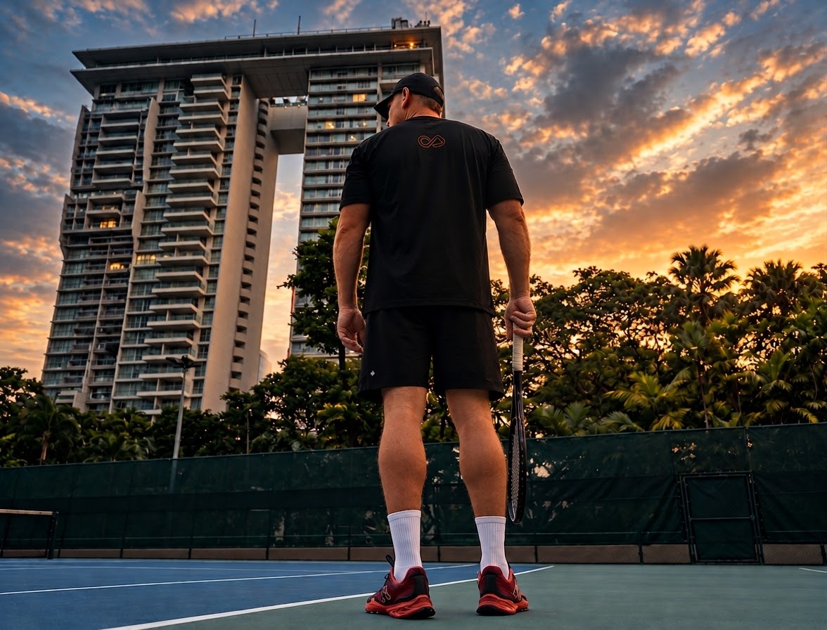 Jon Disley facing the court at sunset, wearing his Offset Athletic shirt and holding a racket